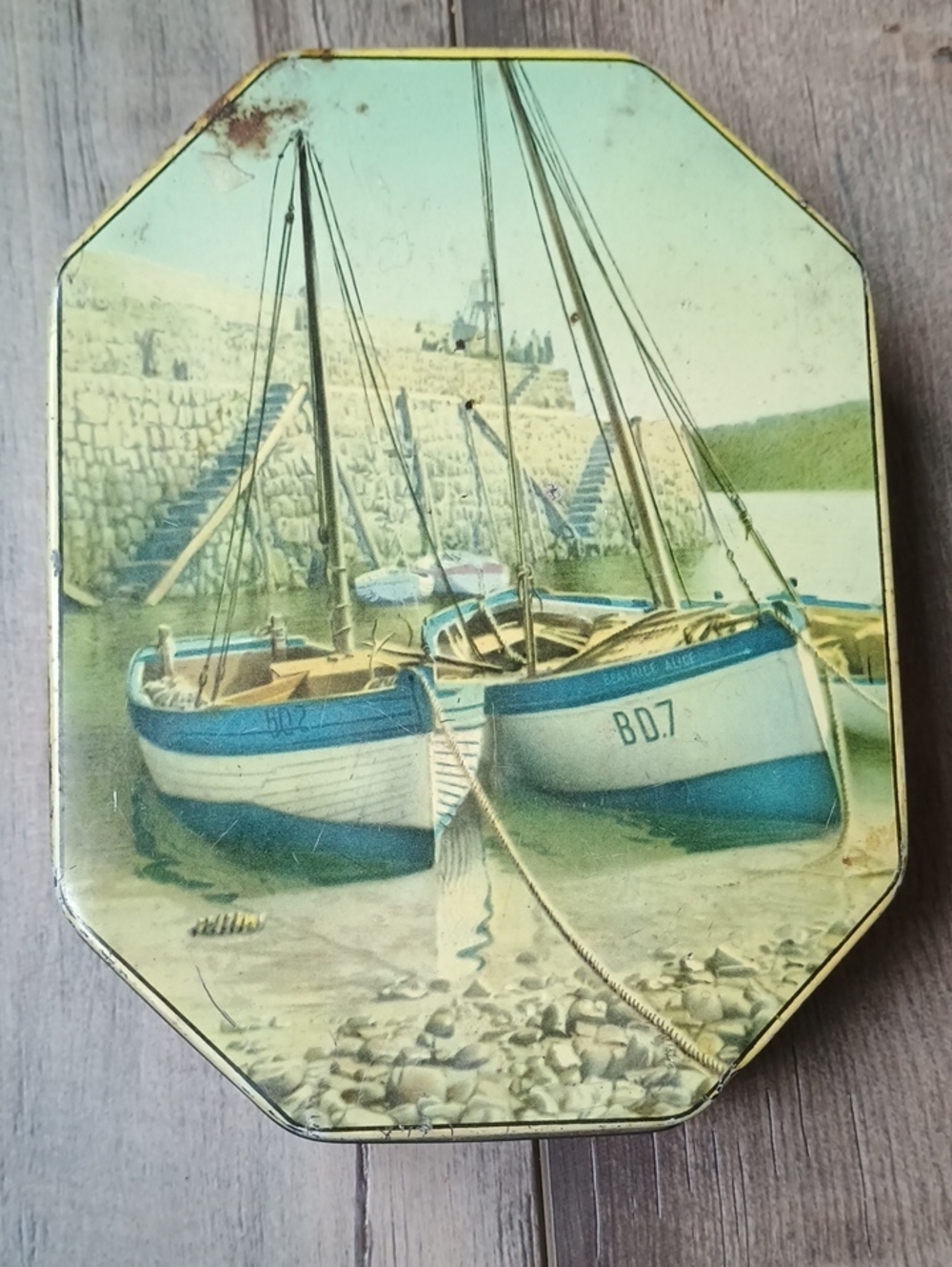 Vintage Blue and White Sailboat Harbor Decorative Tin